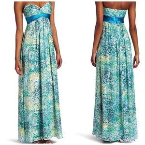 BCBG MaxAzria Prom Gown Size 0 XS - Floral Strapless Long Maxi Dress Blue Green